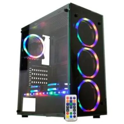 Gabinete Gamer K-mex Atlantis Sync - Vidro Temp., Cover PSU, 3 fans ARGB | R$350