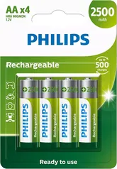 [PRIME] Pilha Philips recarregável AA 1.2V 2.500mAh com 4 unidades R6B4RTU25/59