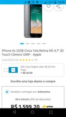 iPhone 6s 32GB Cinza Tela Retina HD 4,7" 3D Touch Câmera 12MP - Apple - R$1599