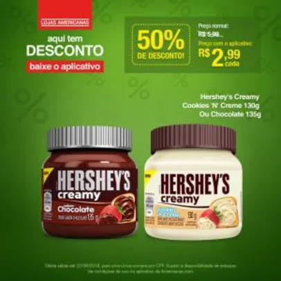 [Americanas - Loja Física] Hershey's Creamy Cookies 'N' Creme 130g ou chocolate 135g por R$ 2,99