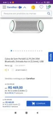Caixa de Som Portátil LG PL5W 20W Bluetooth, Aux in (3,5mm) | R$469