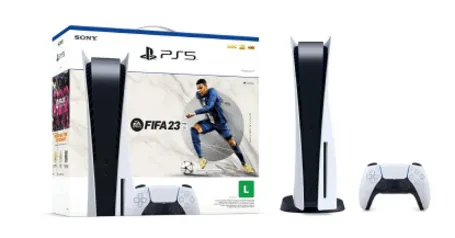 Console PlayStation 5 Controle Dual Sense Com FIFA 23 Branco e Preto