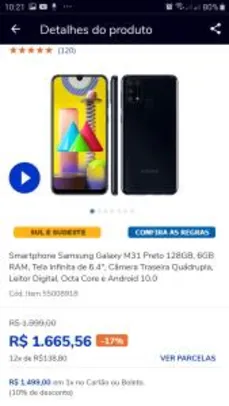 Smartphone Samsung Galaxy M31 Preto 128GB | R$1.399