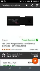 Pen Drive Kingston DataTraveler USB 3.0 16GB - DT100G3/16GB R$ 25