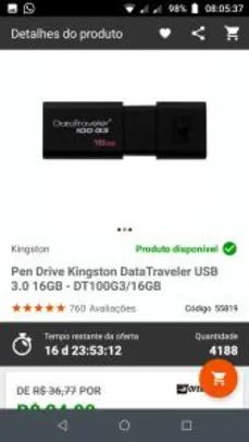 Pen Drive Kingston DataTraveler USB 3.0 16GB - DT100G3/16GB R$ 25