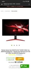 Monitor Gamer Acer KG241Q 23.6" Full HD 144Hz 