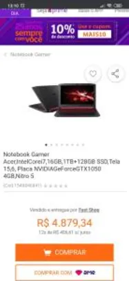Notebook Gamer Acer Nitro 5 - Core I7 8750H, 16GB RAM, GTX 1050 4GB, 1TB HD + 128GB SSD