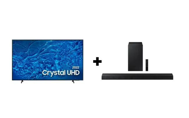 [AME R$ 2.662] Samsung Smart TV 50" polegadas Crystal UHD 4K 50BU8000 2022 + Soundbar HW-A555 410W