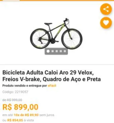 Bicicleta Adulta Caloi Aro 29 Velox, Freios V-brake, Quadro de Aço e Preta - R$854