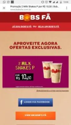 Promoção oferta Bob's 2 Milk shakes P por 10,50