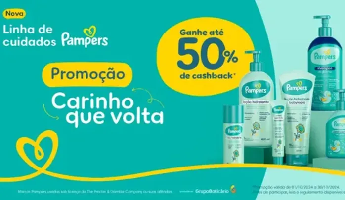 Promoção Carinho que volta - Compre 2 Produtos PAMPERS e Receba 50% de Cashback Limitado a R$30