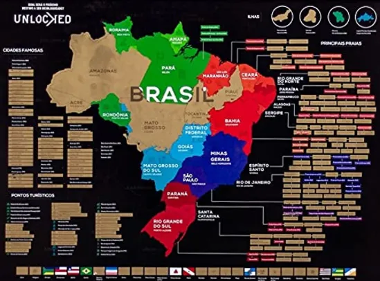Mapa do Brasil de Raspar 82x60 CM | Unlocked | Sem moldura | Scratch off Brazil Map | Mapa Raspadinh