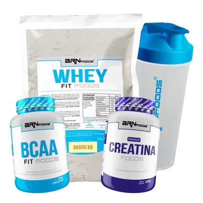 Kit Whey Protein Foods 500g, BCAA Fit 100g Tang, Premium Creatina 100g, Coqueteleira - BRN Foods