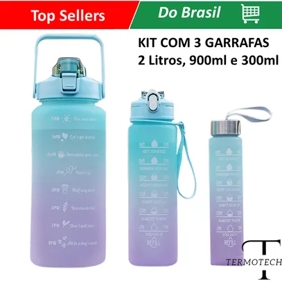 (Br) KIT 3 GARRAFAS 2Litros 900ml 300ml Squeeze Fases Motivadoras Adesivos 2D 3D