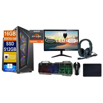 PC Computador Tech Power Cpu Amd Ryzen 5 5600g, 16gb Ram, Ddr4,ssd 512gb, M2 Nvme + Monitor 19  + Teclado + Mouse + Caixa De Som