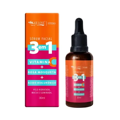 Max Love Serum Facial 3 em 1 Vitamina + C Rosa Mosqueta + Ácido Hialurônico - Pele Hidratada, Macia e Iluminada 30ml