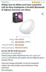 Philips Hue Go White and Color Luminária LED de Mesa Inteligente e Portátil (Bluetooth & Zigbee), funciona com Alexa - R$749