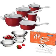 Conjunto de Panelas Euro Home Ágatha Colors 5 Peças Vermelha + Faqueiro Inox Tramontina Búzios 24 Peças + Conjunto de 4 Tigelas Rasas Euro Home - R$153