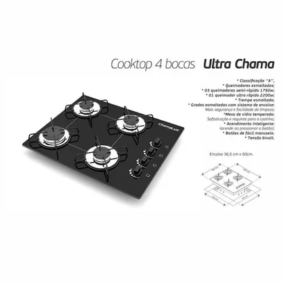 Cooktop 4 Bocas Chamalux Mesa De Vidro Com Acendimento Inteligente