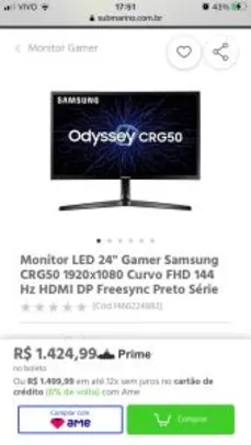 Monitor LED 24" Gamer Samsung 1920x1080 Curvo FHD 144 Hz HDMI DP Freesync Preto Série -