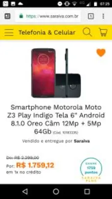 Smartphone Motorola Moto Z3 Play Indigo Tela 6" Android 8.1.0 Oreo Câm 12Mp + 5Mp 64Gb - R$ 1759