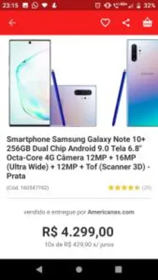 Smartphone Samsung Galaxy Note 10+ 256GB Dual Chip R$ 3869
