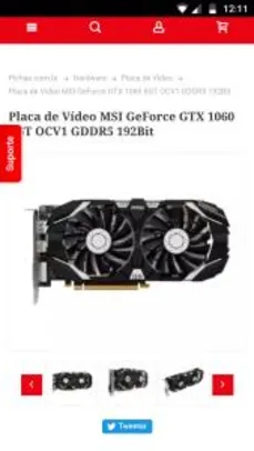 Placa de Vídeo MSI GeForce GTX 1060 6GB OC GDDR5 192Bit - R$ 1360