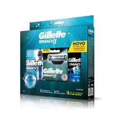 (REGIONAL) Kit Aparelho De Barbear Gillette Mach3 Acqua-Grip + 2 Cargas + Gel De Barbear Gillette Mach3 Complete Defense 72 Ml