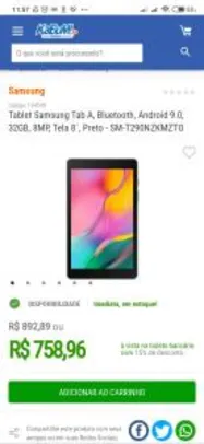 Tablet Samsung Tab A, Bluetooth, Android 9.0, 32GB, 8MP, Tela 8´, Preto R$759