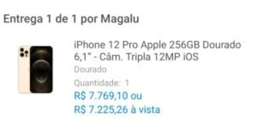 Saindo por R$ 7225: [APP+C. Ouro] iPhone 12 Pro Apple 256GB Dourado 6,1 | R$ 7225 | Pelando