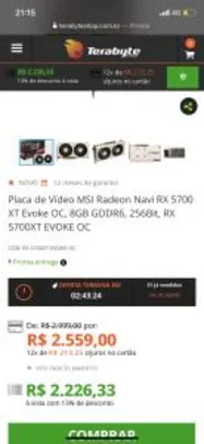 Placa de Vídeo MSI Radeon Navi RX 5700 XT Evoke OC, 8GB GDDR6, EVOKE OC - R$2226