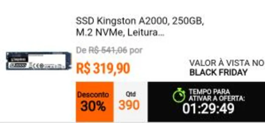 SSD Kingston A2000, 250GB, M.2 NVMe, Leitura 2000MB/s, Gravação 1100MB/s - SA2000M8/250G (Começa às 20hs) R$320