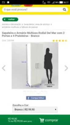 Sapateira e Armário Multiuso Rodial Del Mar com 2 Portas e 4 Prateleiras - Branco | R$99