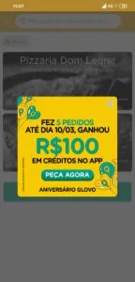 R$100 em créditos no Glovo acima de 5 pedidos