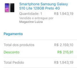 [APP+CLUBE DA LU] Galaxy S10 Lite | R$ 1943