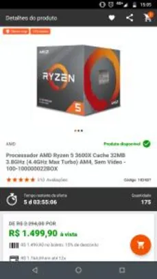 Processador AMD Ryzen 5 3600X Cache 32MB 3.8GHz R$1500
