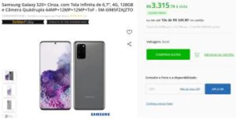 Samsung Galaxy S20+ Cinza, com Tela Infinita de 6,7”, 4G, 128GB | R$ 3315