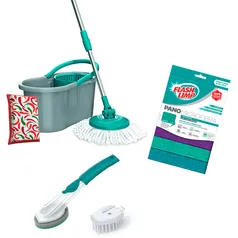 Mop Fit Giratório 3 em 1 com Esponja Multiuso + Conj. de Esponja e Escova com Dispenser e 3 Panos Mulituso - Fun Clean by Flashlimp