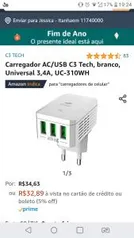 [Prime] Carregador AC/USB C3 Tech, branco, Universal 3,4A, UC-310WH R$33