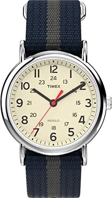 Relógio Timex unissex T2N654 Weekender, pulseira de nylon, listrado azul/cinza