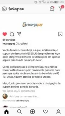 [20/02/19] RecargaPay vai liberar cupom no stories