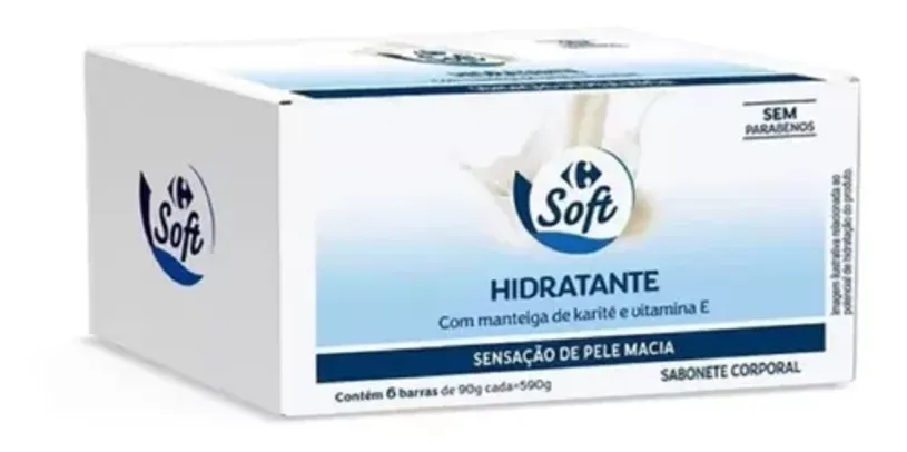 [R$1,47 cada] Pack 6 sabonetes em barra Carrefour soft hidrante 90g 