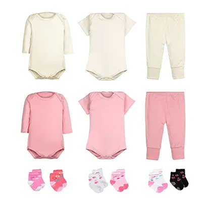 (Prime Day) Kit 12 Peças Body Bebê Menina Longa e Curta Calça Mijão e Meias Tamanho:G;Cor:Rosa