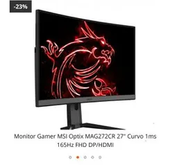 Monitor Gamer MSI Optix MAG272CR 27" Curvo 1ms 165Hz FHD DP/HDMI