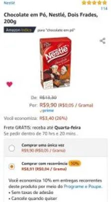 (Prime) Chocolate em pó, Nestlé, Dois Frades, 200 gramas | R$ 9