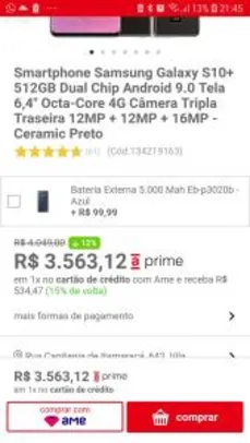 [AME R$3.088] Samsung Galaxy S10+ Plus 512GB Ceramic Black | R$3.563