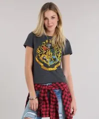 Blusa Harry Potter - Brasão Hogwarts Cinza Mescla Escuro - R$20,69