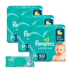 Kit de Fraldas Pampers Mega Confort Sec P - 100 Unidades + Lenço Umedecido Pampers Regular - 48 Unid