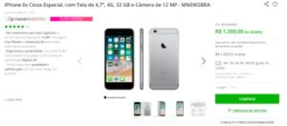 iPhone 6s Cinza Espacial, com Tela de 4,7”, 4G, 32 GB - R$1399