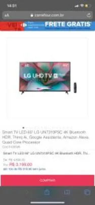 Smart TV LED 65" LG UN7310PSC 4K Bluetooth HDR, Thinq Ai | R$3199